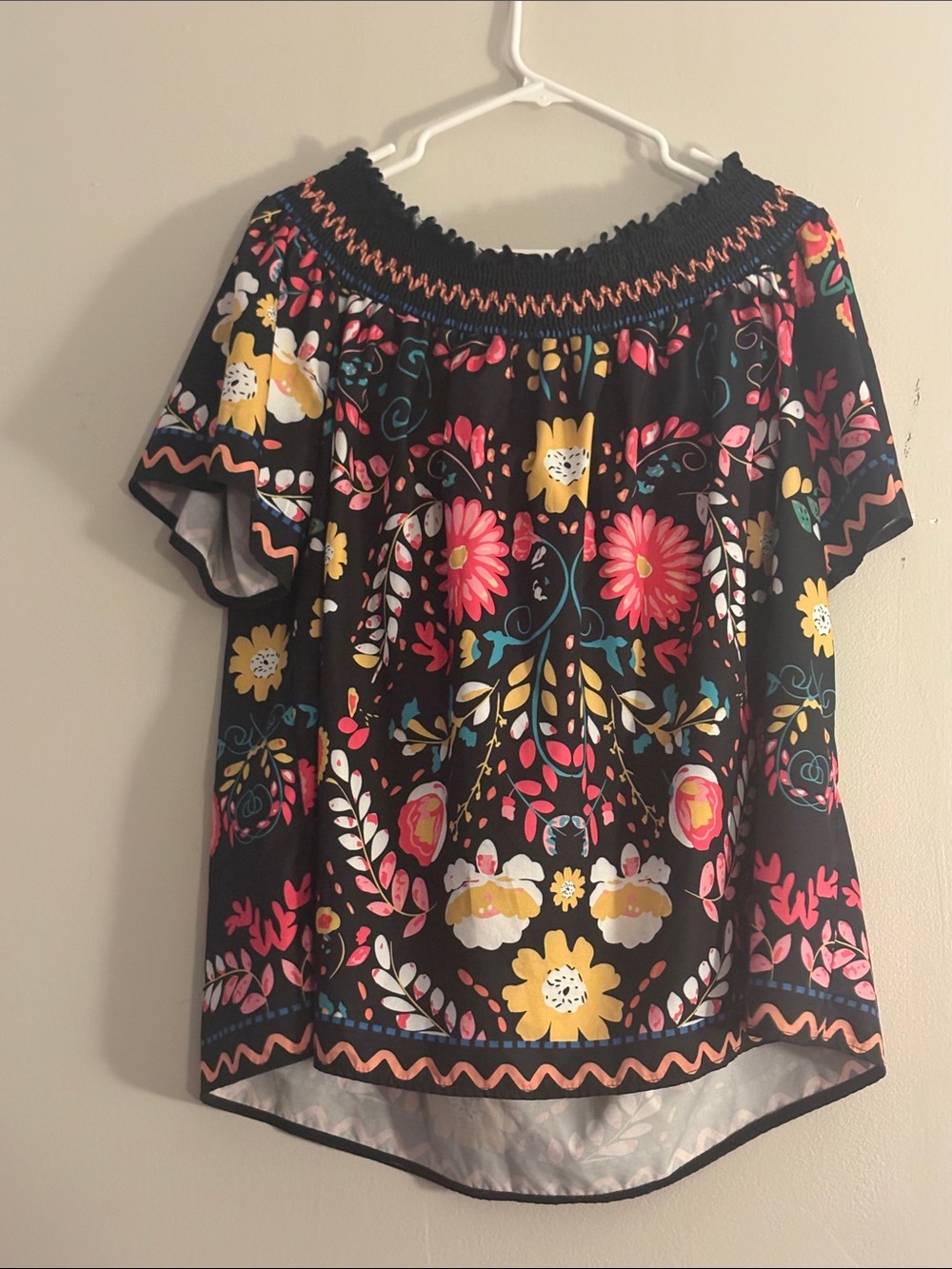 SHEIN Black Off-Shoulder Blouse with Pink & Yellow Floral Print